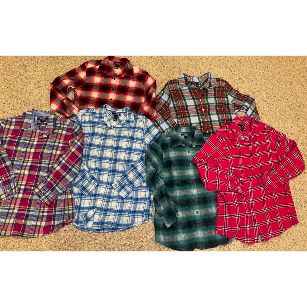 Lands End Chaps Plaid Flannel Button Down Shirt Bundle Women Size 12 Large 6pc